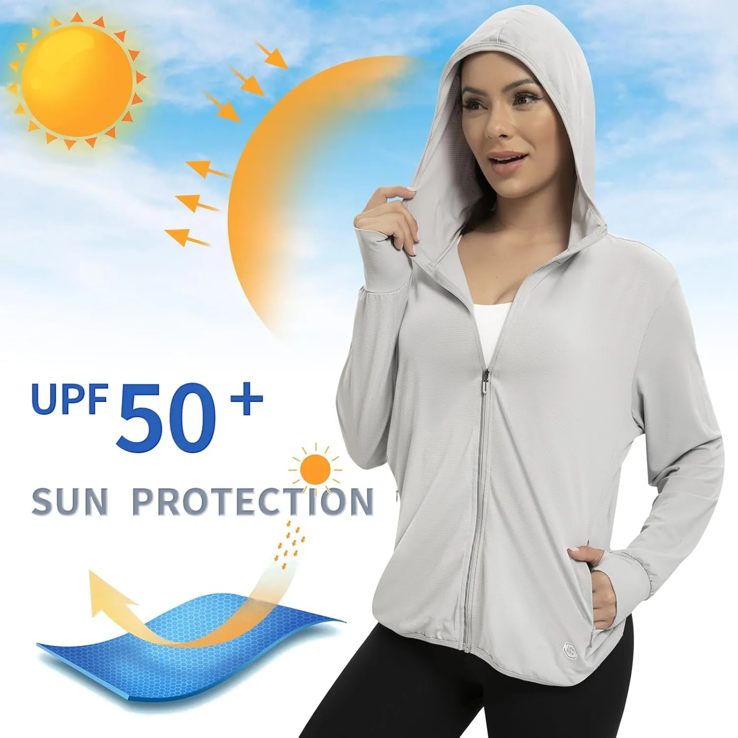 Womens UPF 50  UV Protection Hoodie Jacket, Lightweight Zip Up Long Sleeve Sun Shirt with Pockets for Running Hiking