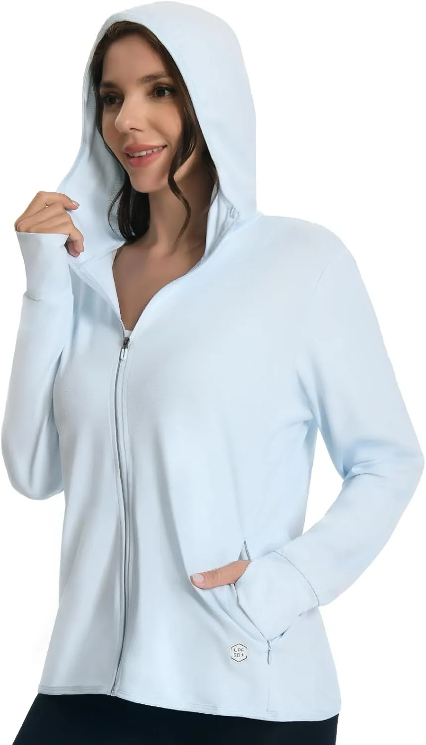 Womens UPF 50  UV Protection Hoodie Jacket, Lightweight Zip Up Long Sleeve Sun Shirt with Pockets for Running Hiking