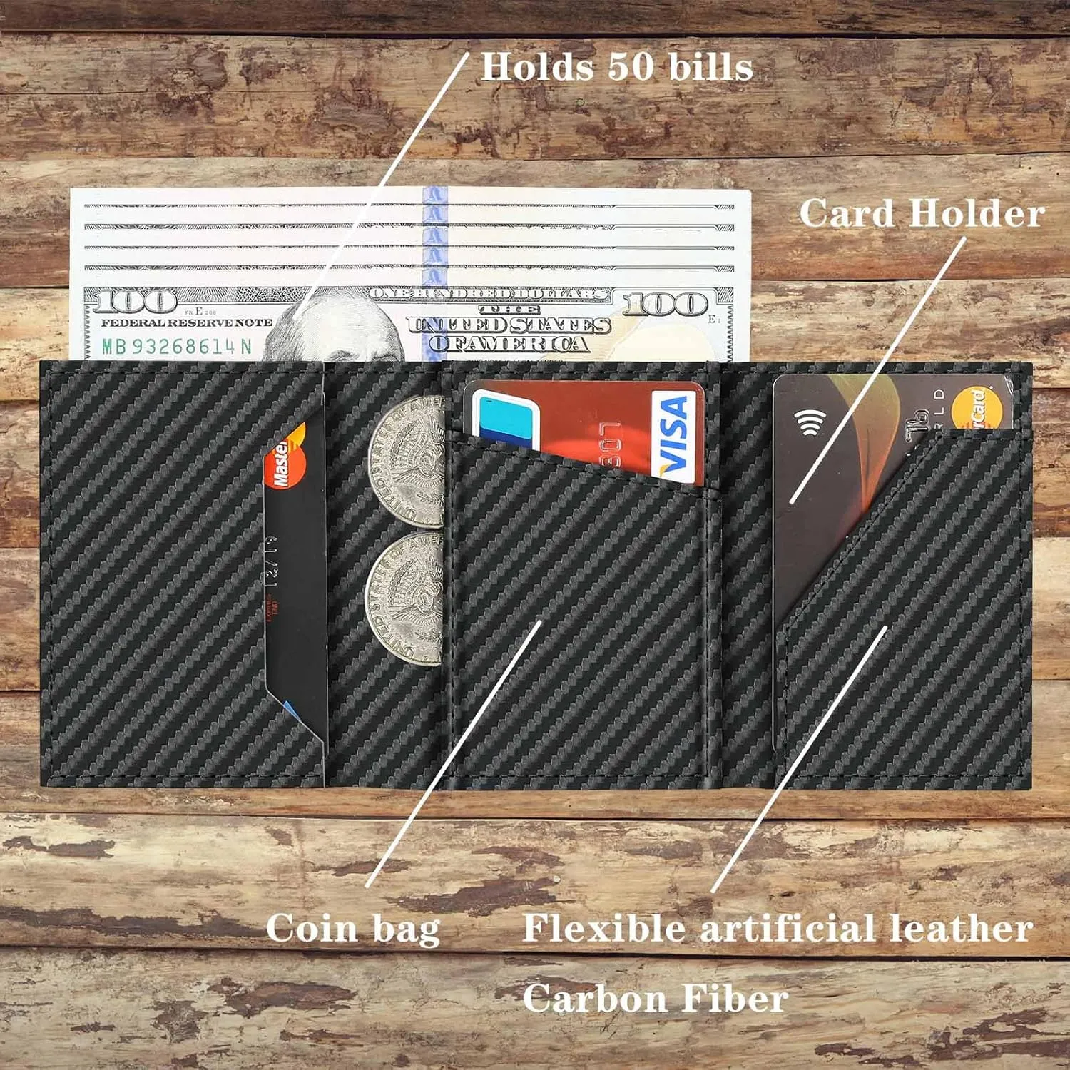 WXM Wallet for Men with AirTag Holder slim RFID Blocking Leather Aluminum Alloy Mens Wallet Card Holder with Cash Slot and 10 Card Capacity Wallet Protection Men Gifts (Carbon Fiber Black)