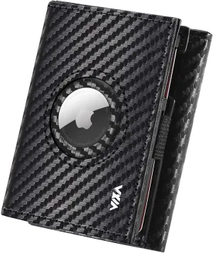 WXM Wallet for Men with AirTag Holder slim RFID Blocking Leather Aluminum Alloy Mens Wallet Card Holder with Cash Slot and 10 Card Capacity Wallet Protection Men Gifts (Carbon Fiber Black)