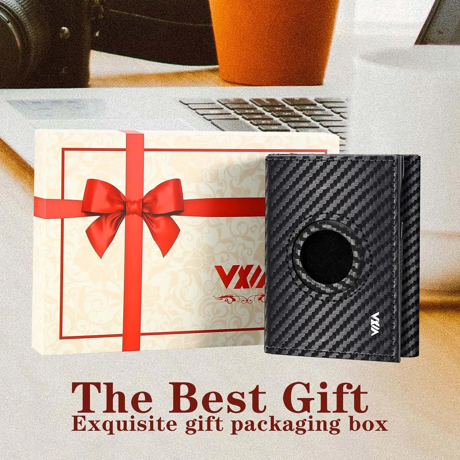 WXM Wallet for Men with AirTag Holder slim RFID Blocking Leather Aluminum Alloy Mens Wallet Card Holder with Cash Slot and 10 Card Capacity Wallet Protection Men Gifts (Carbon Fiber Black)