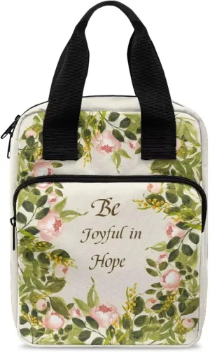 Xoenoiee Pink Floral Print Tote Bible Bag, Be Joyful in Hope, Bible Cover Bible Case for Women Men Portable Carrying Book Case Church Bag Bible Protective Bag
