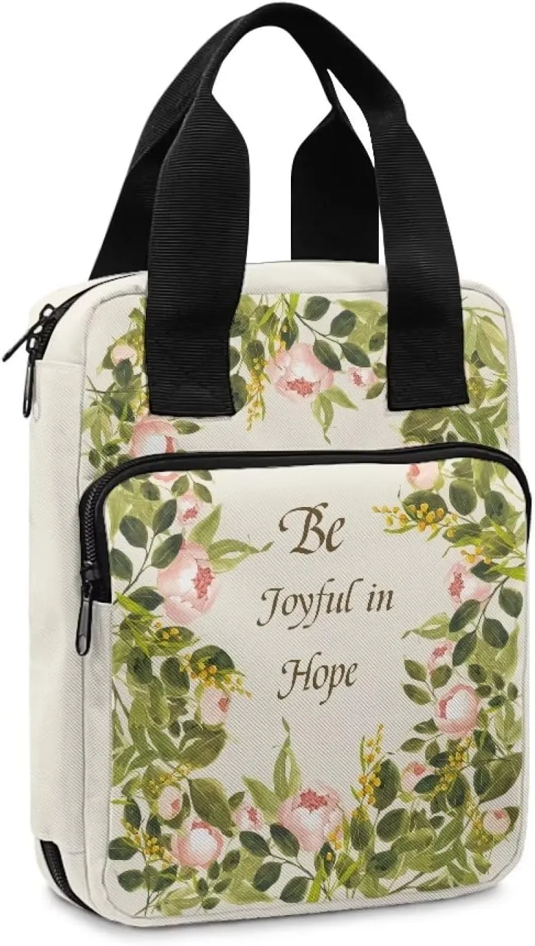 Xoenoiee Pink Floral Print Tote Bible Bag, Be Joyful in Hope, Bible Cover Bible Case for Women Men Portable Carrying Book Case Church Bag Bible Protective Bag
