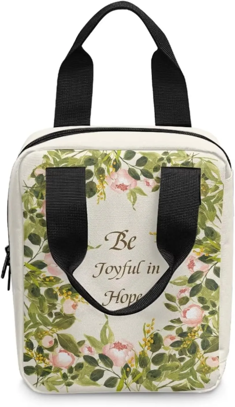 Xoenoiee Pink Floral Print Tote Bible Bag, Be Joyful in Hope, Bible Cover Bible Case for Women Men Portable Carrying Book Case Church Bag Bible Protective Bag