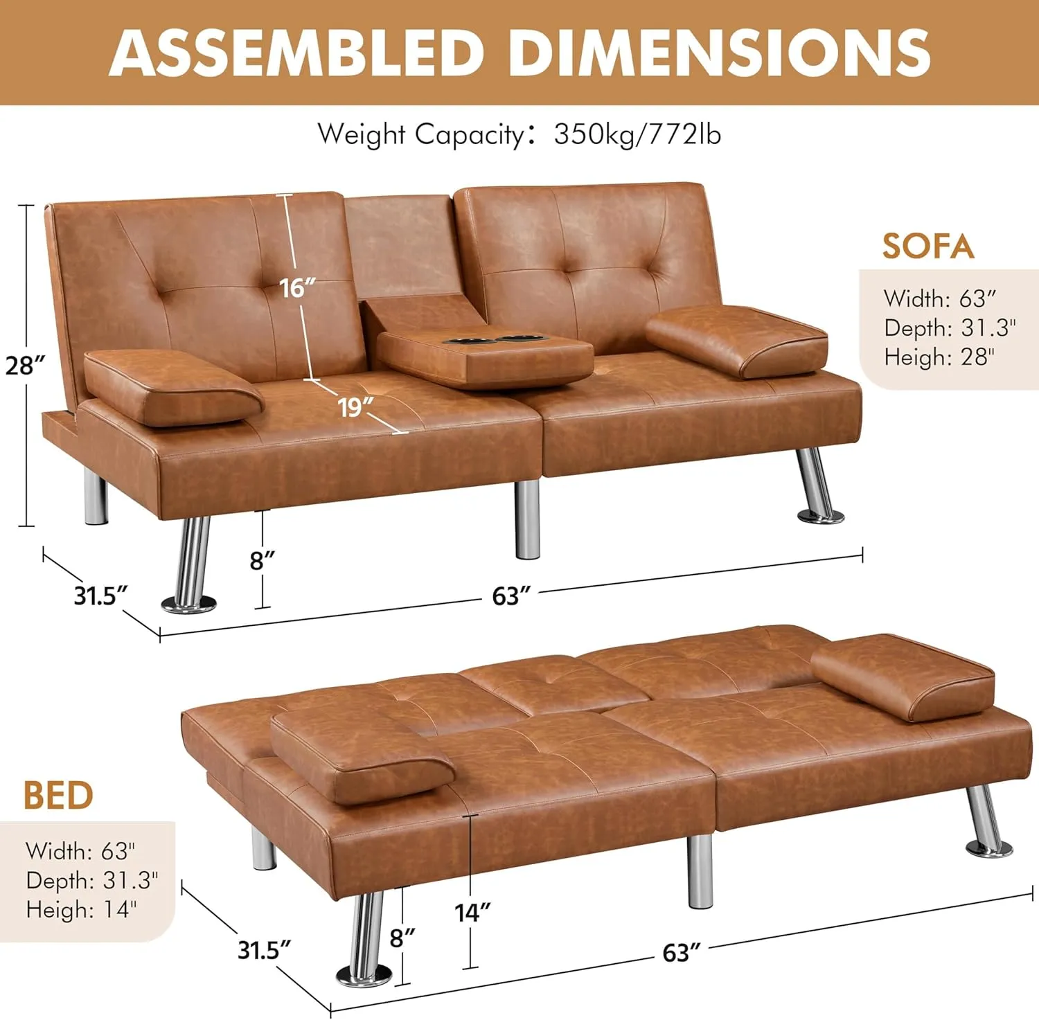 Yaheetech Convertible Sofa Bed Adjustable Couch Sleeper Modern Faux Leather Home Recliner Reversible Loveseat Folding Daybed Guest Bed, Removable Armrests, Cup Holders, 3 Angles, 772lb Capacity, Brown