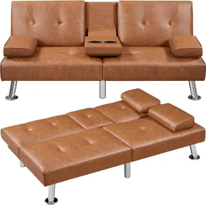 Yaheetech Convertible Sofa Bed Adjustable Couch Sleeper Modern Faux Leather Home Recliner Reversible Loveseat Folding Daybed Guest Bed, Removable Armrests, Cup Holders, 3 Angles, 772lb Capacity, Brown