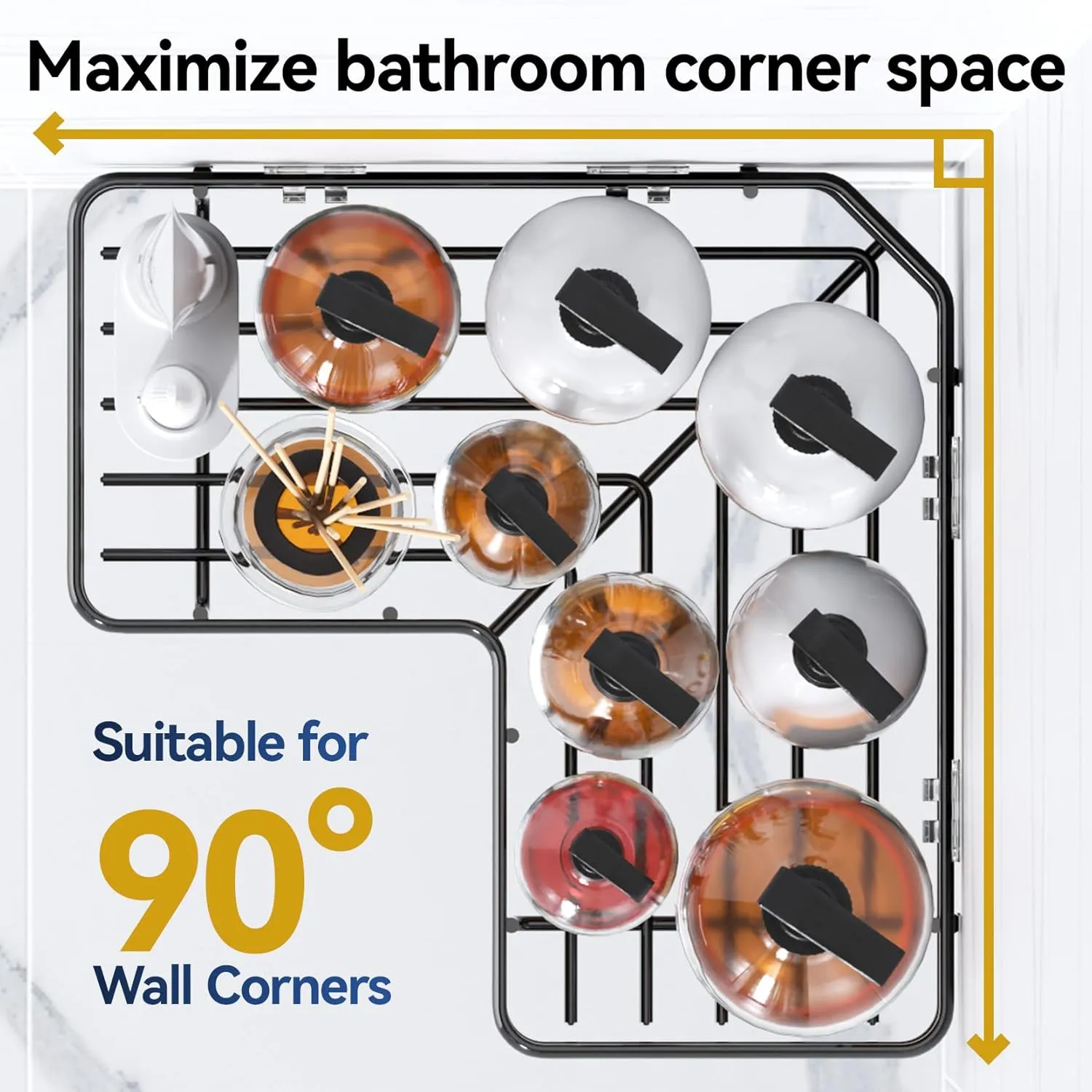 YASONIC Corner Shower Caddy Organizer, 3-Pack Self-Adhesive Rustproof Bath Shelves with Soap Holder & 4 Hooks, Large Capacity Shower Storage Rack for Bathroom Organization, Black