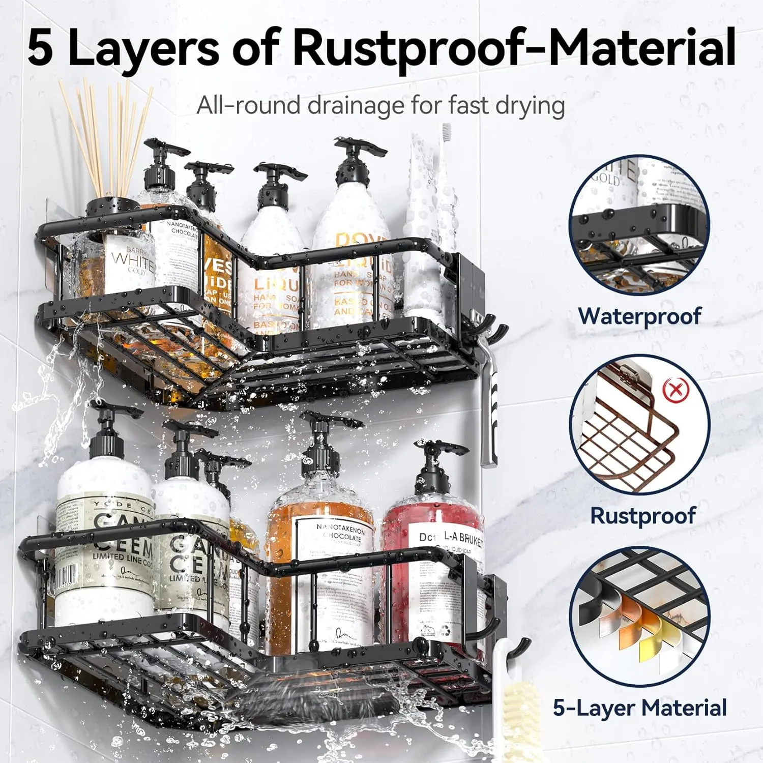 YASONIC Corner Shower Caddy Organizer, 3-Pack Self-Adhesive Rustproof Bath Shelves with Soap Holder & 4 Hooks, Large Capacity Shower Storage Rack for Bathroom Organization, Black