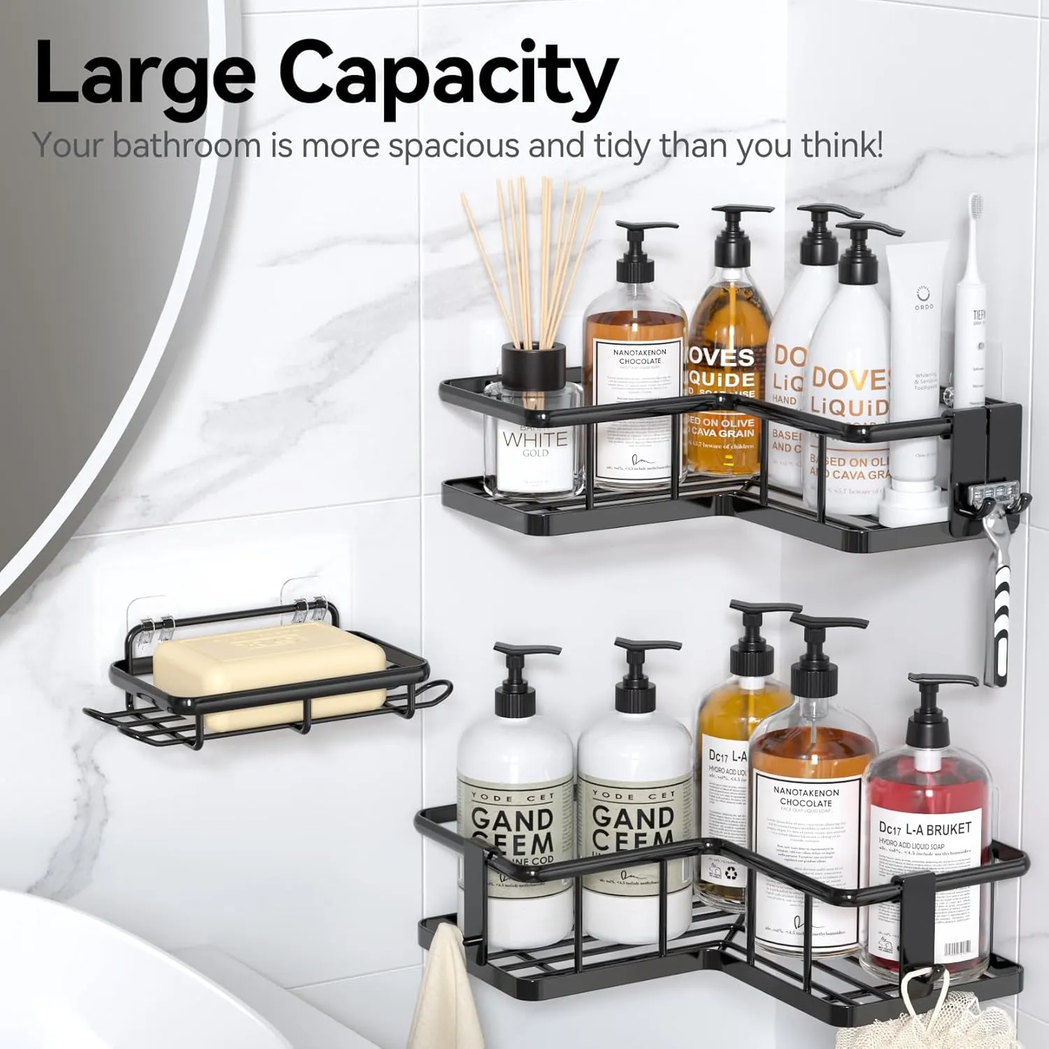YASONIC Corner Shower Caddy Organizer, 3-Pack Self-Adhesive Rustproof Bath Shelves with Soap Holder & 4 Hooks, Large Capacity Shower Storage Rack for Bathroom Organization, Black