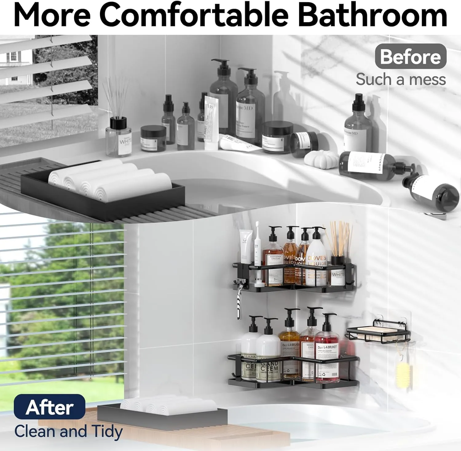 YASONIC Corner Shower Caddy Organizer, 3-Pack Self-Adhesive Rustproof Bath Shelves with Soap Holder & 4 Hooks, Large Capacity Shower Storage Rack for Bathroom Organization, Black