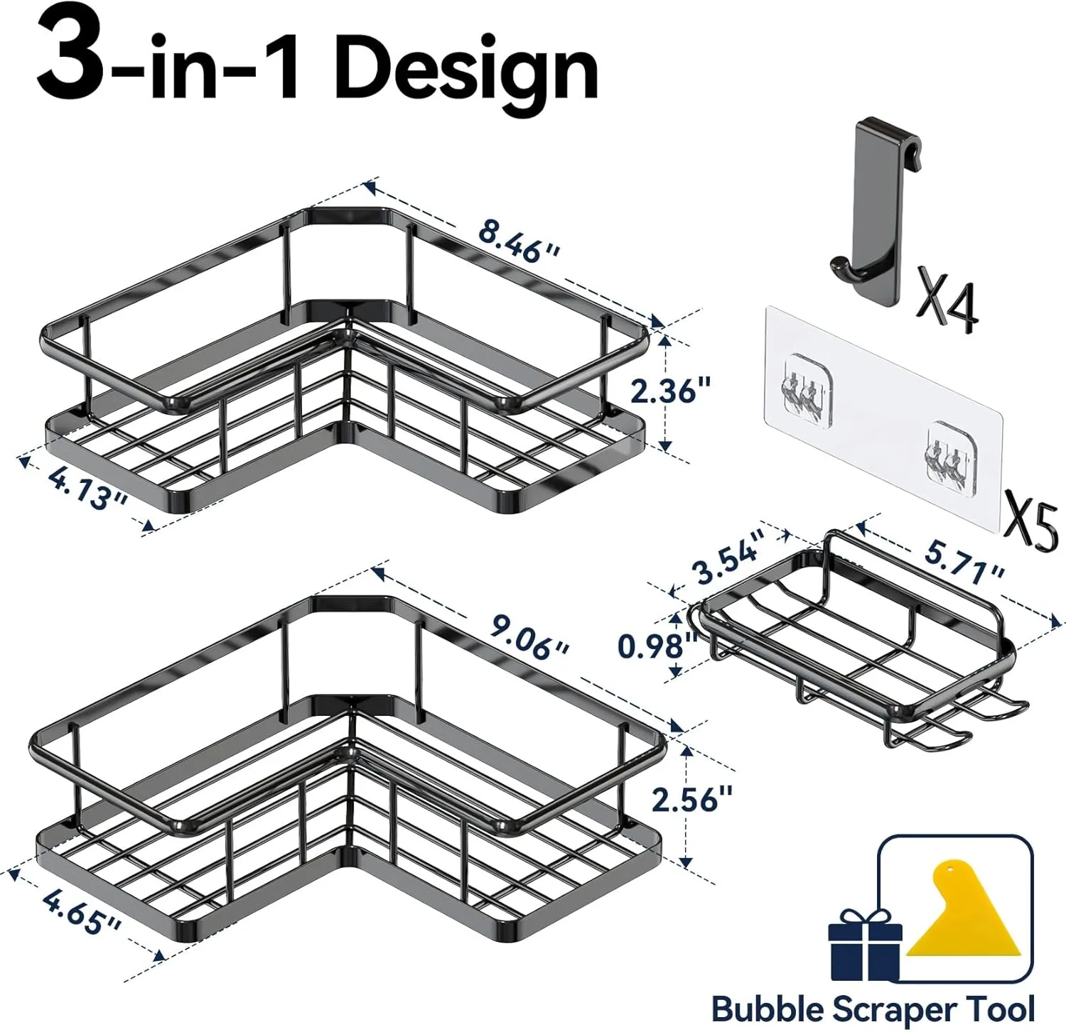 YASONIC Corner Shower Caddy Organizer, 3-Pack Self-Adhesive Rustproof Bath Shelves with Soap Holder & 4 Hooks, Large Capacity Shower Storage Rack for Bathroom Organization, Black
