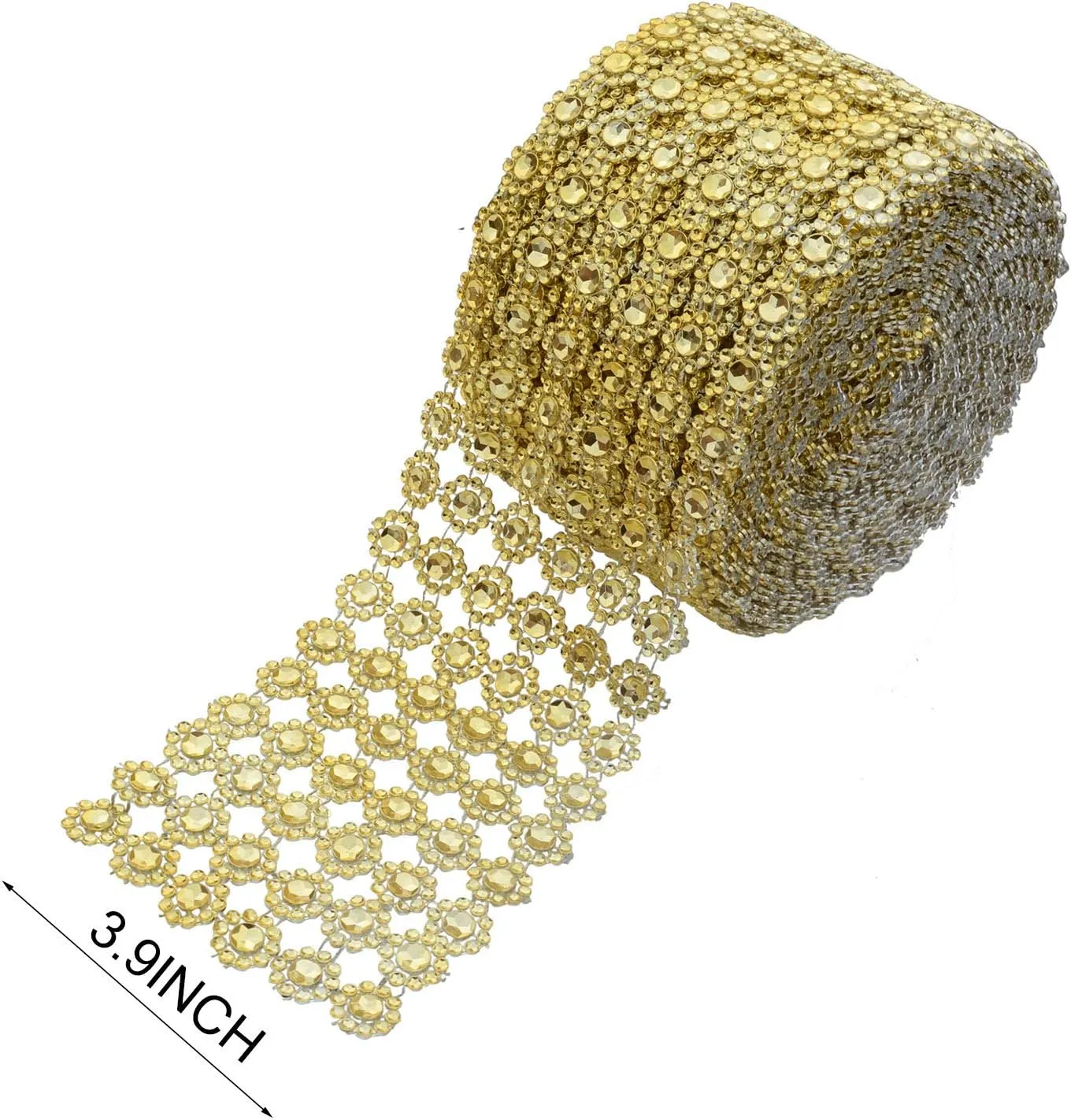 YYaaloa Crafts Faux Diamond Bling Wrap 4" x 10 Yards 6 Rows Gold Flower Pattern Faux Rhinestone Crystal Mesh Ribbon Roll for Wedding, Party, Centerpiece, Cake, Vase Sparkling Decoration (Gold)
