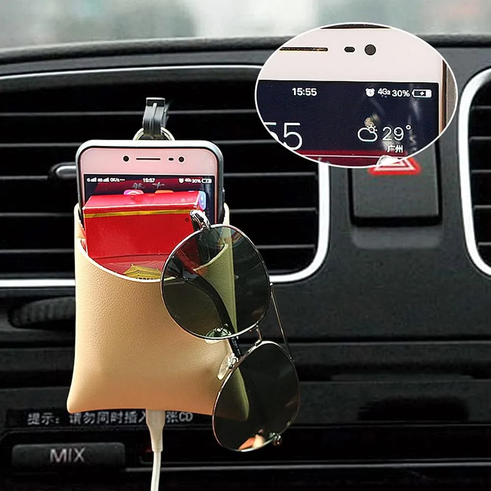 Zcargel Car Air Vent Organizer Storage Bag, Auto Air Vent Leather Hanging Bag Automobile Mount Cell Phone Holder Pocket Auto Seat Back Interior Case with Hook for Keys Coin Cell Phone Glasses