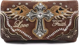 Zelris Faith Love Hope Cross Angel Wing Bible Women Crossbody Trifold Wallet