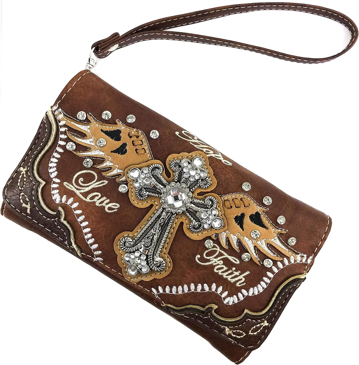 Zelris Faith Love Hope Cross Angel Wing Bible Women Crossbody Trifold Wallet