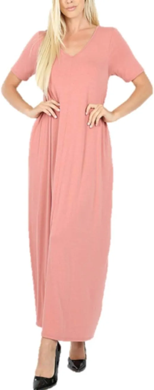 Zenana Women's Premium Casual Long Relaxed Loose T-Shirt Maxi Dress with Half Sleeves and Pockets (S-3XL)