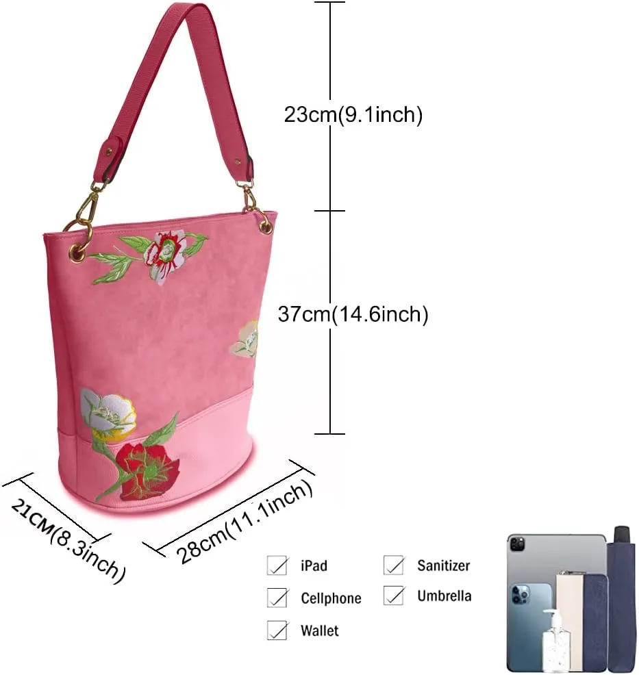 ZiMing Vintage Bucket Bag for Women Purse Floral Embroider Hobo Bag PU Leather Satchel Shoulder Bag Small Tote Handbag