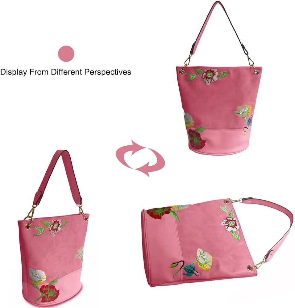 ZiMing Vintage Bucket Bag for Women Purse Floral Embroider Hobo Bag PU Leather Satchel Shoulder Bag Small Tote Handbag