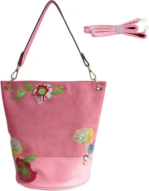 ZiMing Vintage Bucket Bag for Women Purse Floral Embroider Hobo Bag PU Leather Satchel Shoulder Bag Small Tote Handbag