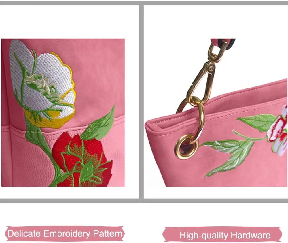 ZiMing Vintage Bucket Bag for Women Purse Floral Embroider Hobo Bag PU Leather Satchel Shoulder Bag Small Tote Handbag