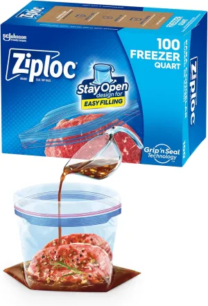 Ziploc Quart Food Storage Freezer Bags, Stay Open Design with Stand-Up Bottom, Easy to Fill, 100 Count