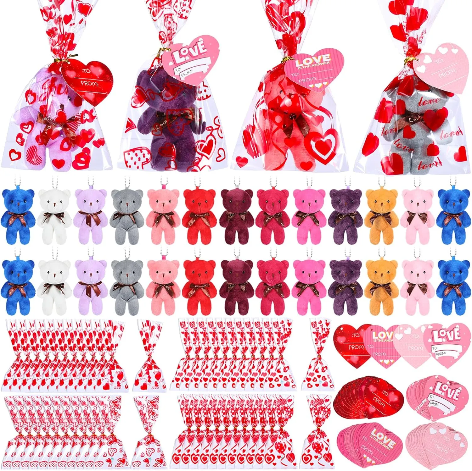 Zonon 144 Pcs Valentine's Day Mini Stuffed Bear Bulk Bear Toy with Gift Bags Heart Cards 4.72 Inch Plush Stuffed Tiny Bears Valentine Stuffed Animals for Valentines Day Gifts(Mixed Color)