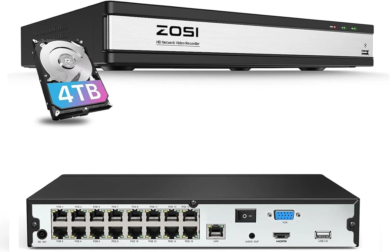 ZOSI 4K 16CH PoE NVR with 4TB Hard Drive,8MP Network Video Recorder Home Security Camera Surveillance System,24/7 Recording,Only Compatible with ZOSI 4K/8MP/5MP/4MP PoE Camera(32 Channel 16-Port)