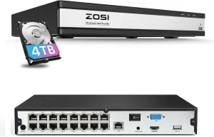 ZOSI 4K 16CH PoE NVR with 4TB Hard Drive,8MP Network Video Recorder Home Security Camera Surveillance System,24/7 Recording,Only Compatible with ZOSI 4K/8MP/5MP/4MP PoE Camera(32 Channel 16-Port)